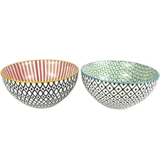 Over and Back Set of 2 Bowls Double Print Stoneware Kitchen Colorful Bright 6"