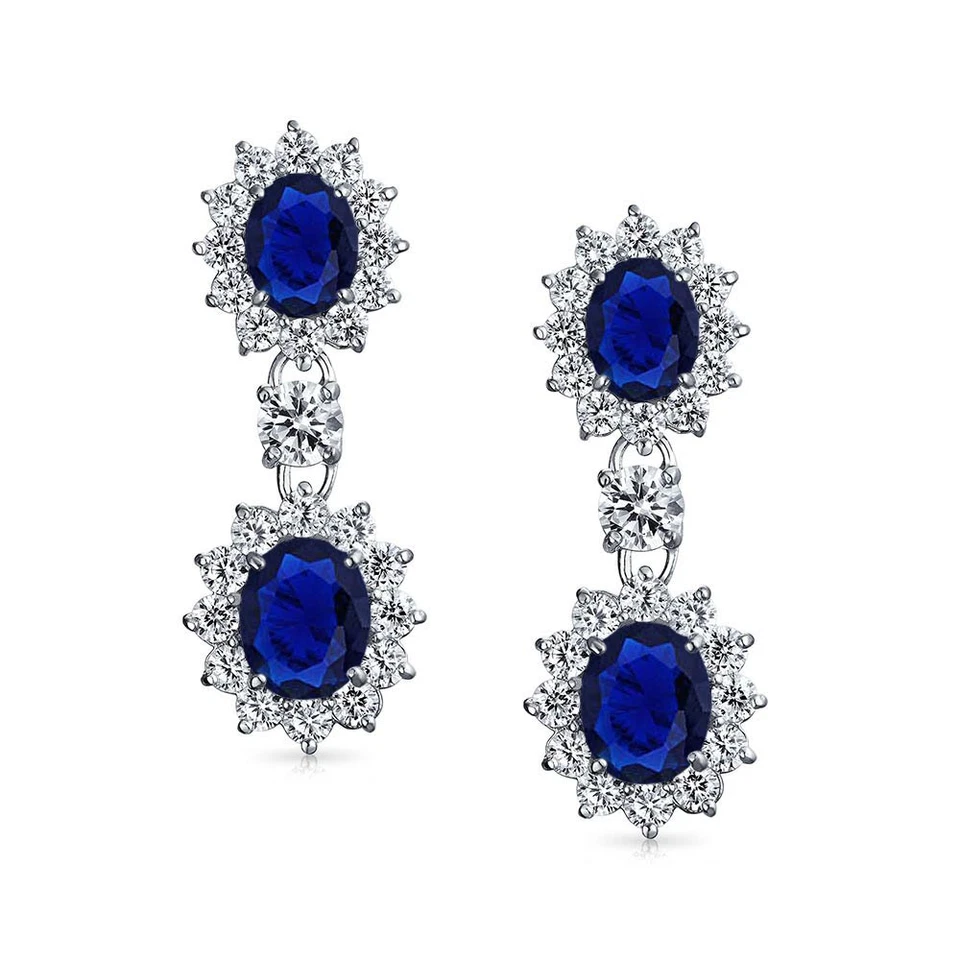 Corona estilo Art Deco vintage halo ovalada circonita cúbica zafiro azul simulado Foto 2 de 4