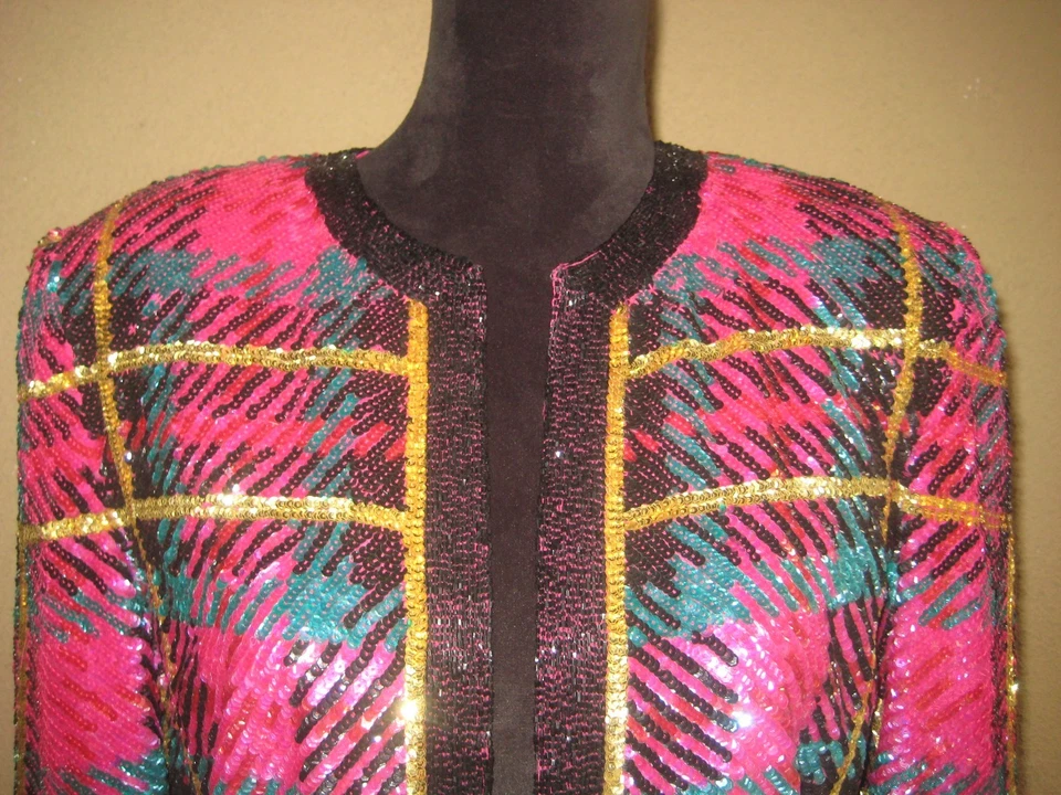 Chaqueta de noche vintage Niteline Della Roufogali seda multicolor forrada con lentejuelas M Foto 2 de 4