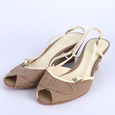 Prada Women's Beige Canvas Logo Peep Toe Slingback Wedge Heels Shoes 39