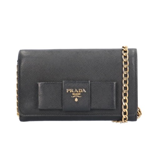 Prada Saffiano Leather Chain Wallet Black Gold Mirror 1BP005 Auth