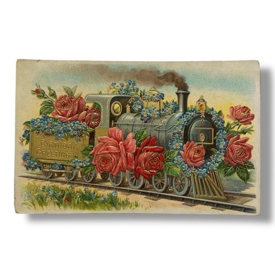 #ad Embossed Steam Engine Antique Postcard Birthday Roses SEARS ROEBUCK on Back $8.98