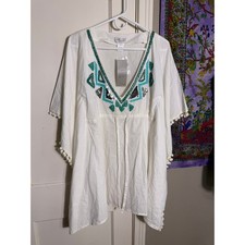 Ludi White Cotton Kaftan Tunic XS Turquoise Beaded Sequin Pom Pom Boho NWT