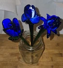 3 Vintage Hand Blown Long Stem Murano Style Art Glass Trio Of Blue Roses 12”