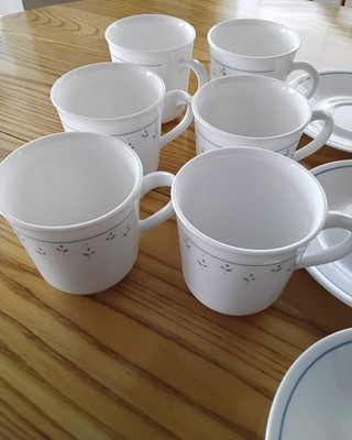 Vintage Corelle Corning Coffee Mugs Tea Flat Cups & Saucer Normandy Set of 6