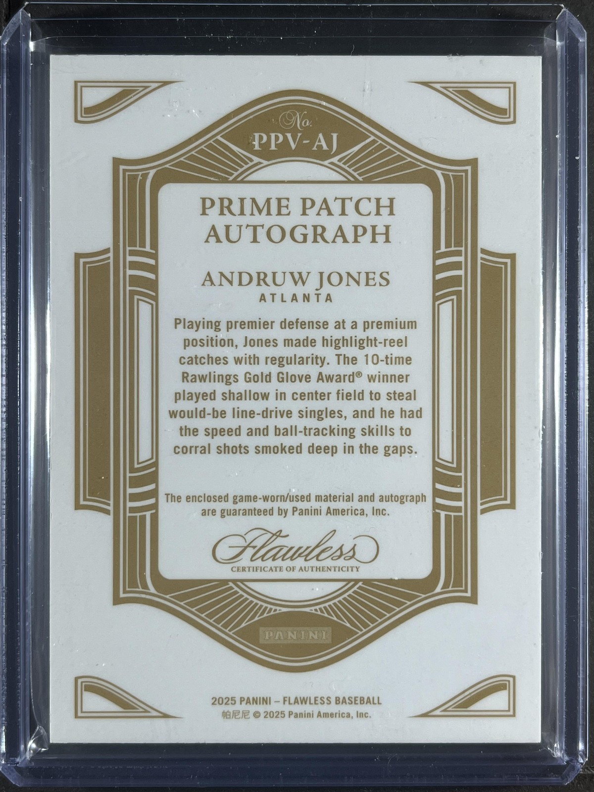 2025 Panini Flawless #PPV-AJ Andruw Jones Prime Patch Auto Gold 10/10 250019 view 2