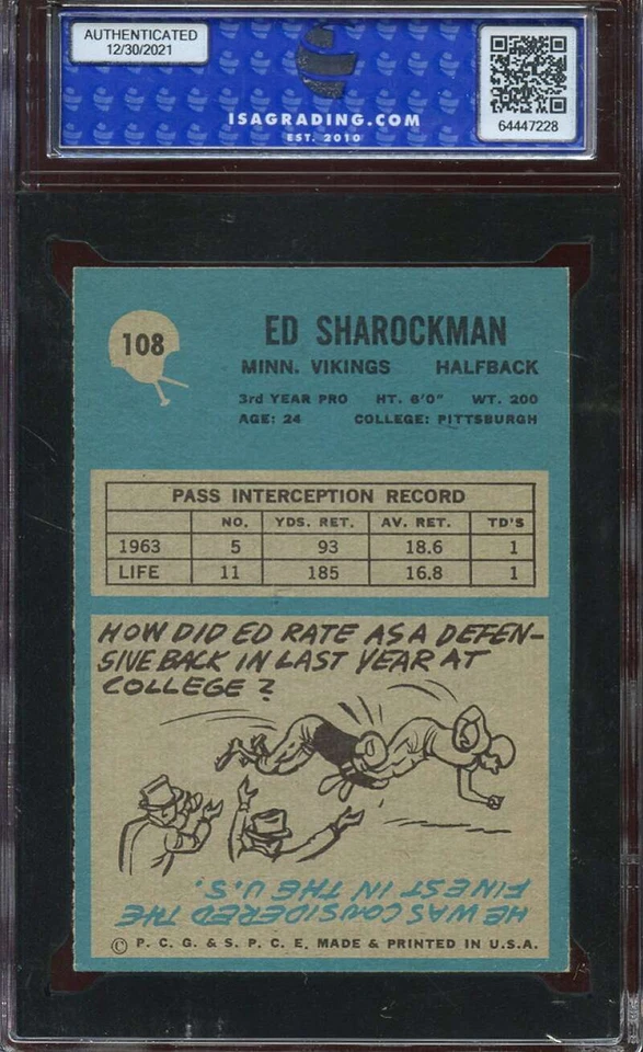 1964 PHILADELPHIA #108 ED SHAROCKMAN ISA 9 VIKINGS  *ADT4757 - Image 2 of 2