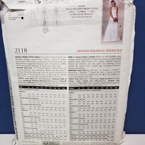 VOGUE Original Pattern 2118 VERA WANG BRIDAL Collection size 18-20-22 UNCUT - Picture 2 of 3
