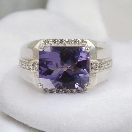 Alexandrite Emerald Cut Gemstone With 14K Solid White Gold Ring For Men's #587