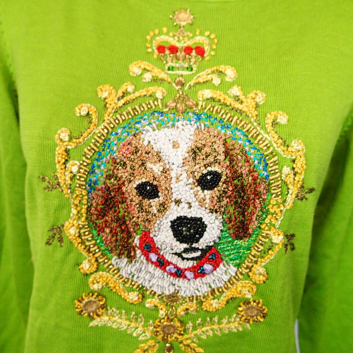 MICHAEL SIMON Embellished beads dog Green Sweater sz m silk cotton