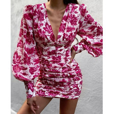 Lady new sexy slim V neck high waist puff sleeve print temperament short dress