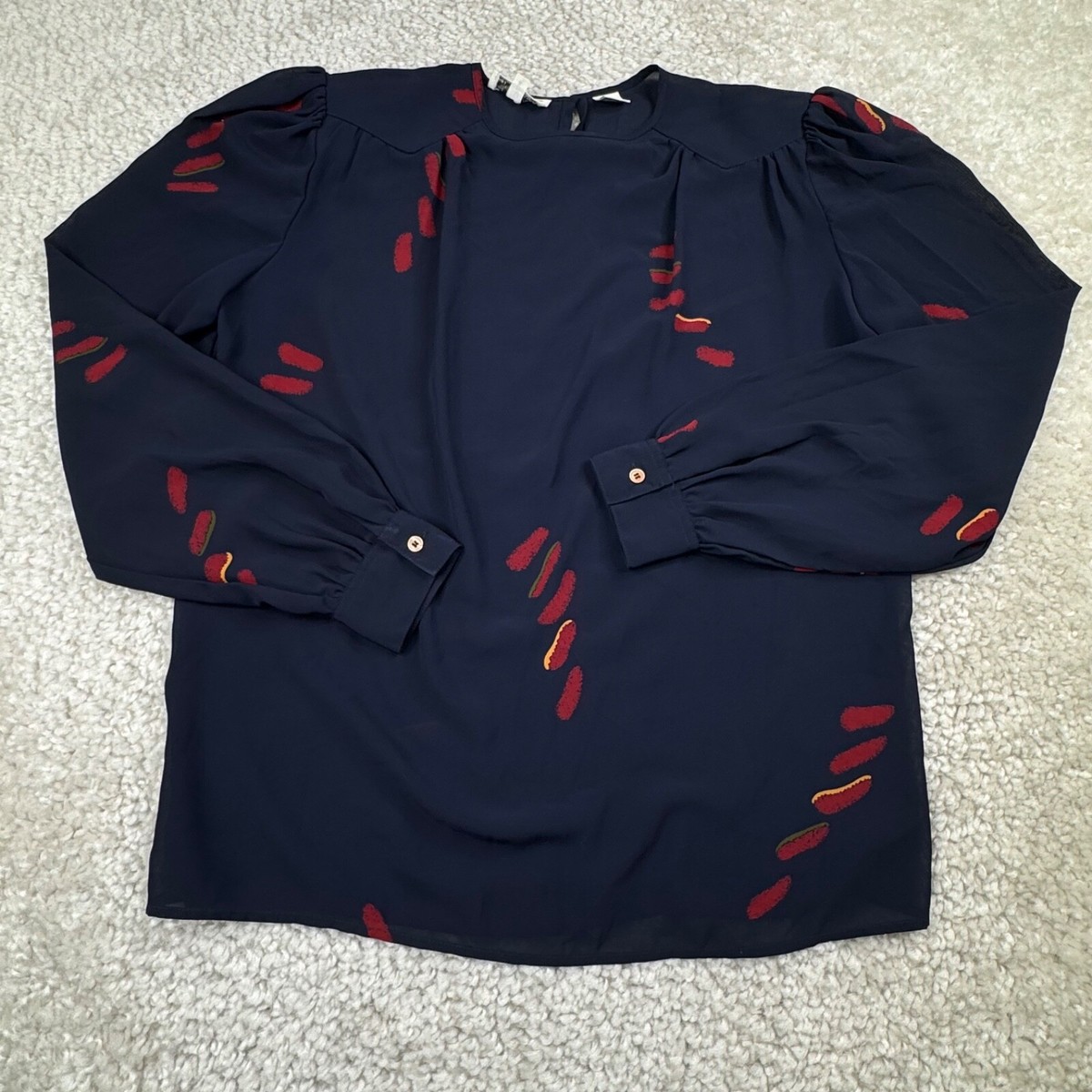 Christian Dior Vintage 90's Sheer Blouse Navy Blue Red Print