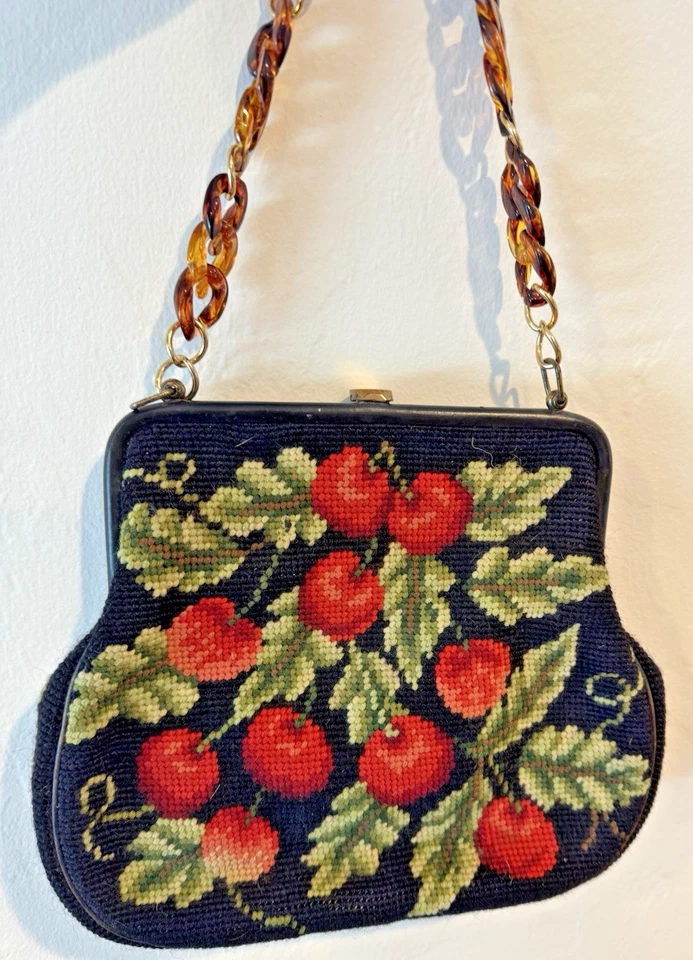 Vintage Handbag Needlepoint Black Wool Red Cherries Lined Change Purse & Mirror - Image 2 of 4