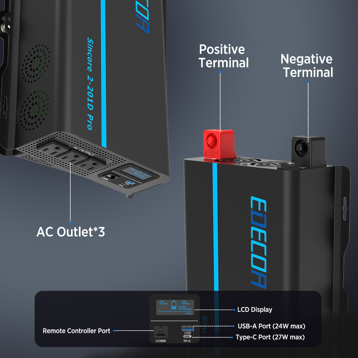 EDECOA Power Inverter 12V to 240V Pure Sine Wave Inverter 2000W 2KW USB PRO