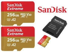 LOT OF 2 - SanDisk Extreme 256GB microSDXC UHS-I Cards with SD Adapters