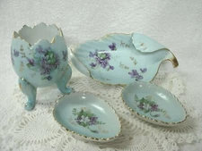ASH  Tray Table Set- 4 Pc- Violets Painted w Gold Trim--Porcelain--Retro/Vtg
