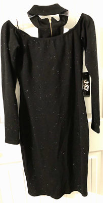 JUMP Black Glitter Bodycon stretch Off Shoulder Knee sexy Dress Choker Zip  1/ 2 | eBay