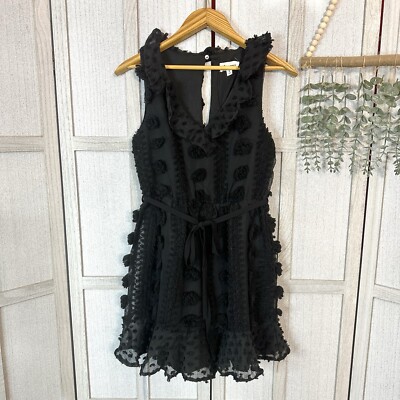 &Merci Black Pom Applique Flounce Sleeveless Dress Lined Belted Size Small $93
