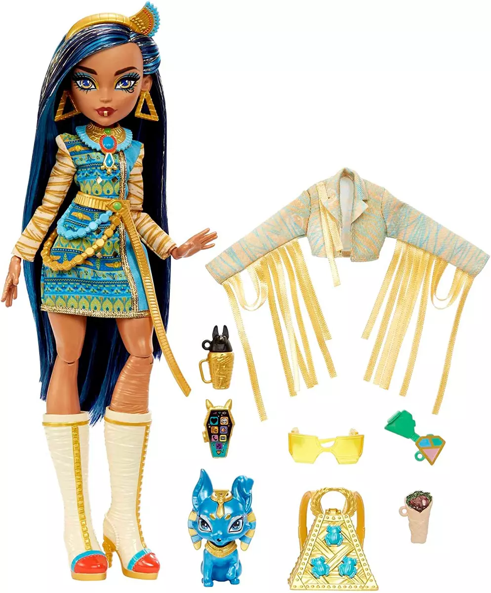 Monster High Cleo De Nile Fashion Doll with Blue Streaked Hair, Accessories  & Pet Dog