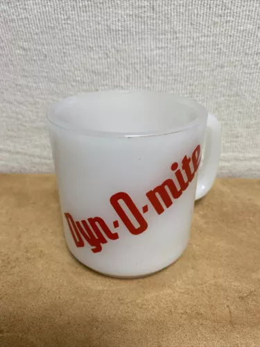 VINTAGE White GLASBAKE MUG DYN-O-MITE in Red HEAT RESISTANT