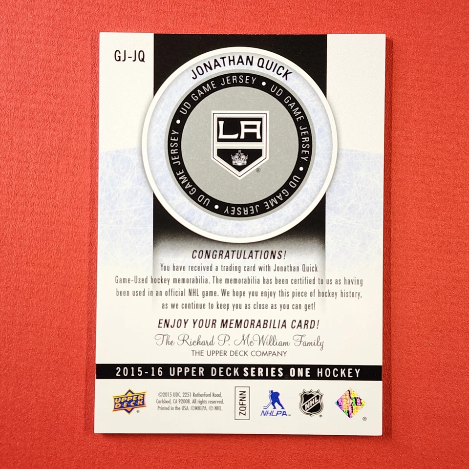 5-06-14 PWE-THICK 2015-16 upper deck jersey card #gj-jq jonathan quick (161) - Image 2 of 2