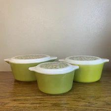 Lot Of 3 VGT PYREX Olive Green Round Casserole Dishes Milk Glass Lids Cinderella