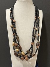 Boho Black Bead Necklace Multi-Strand Mixed Bronze Brass Painted Wood Accents