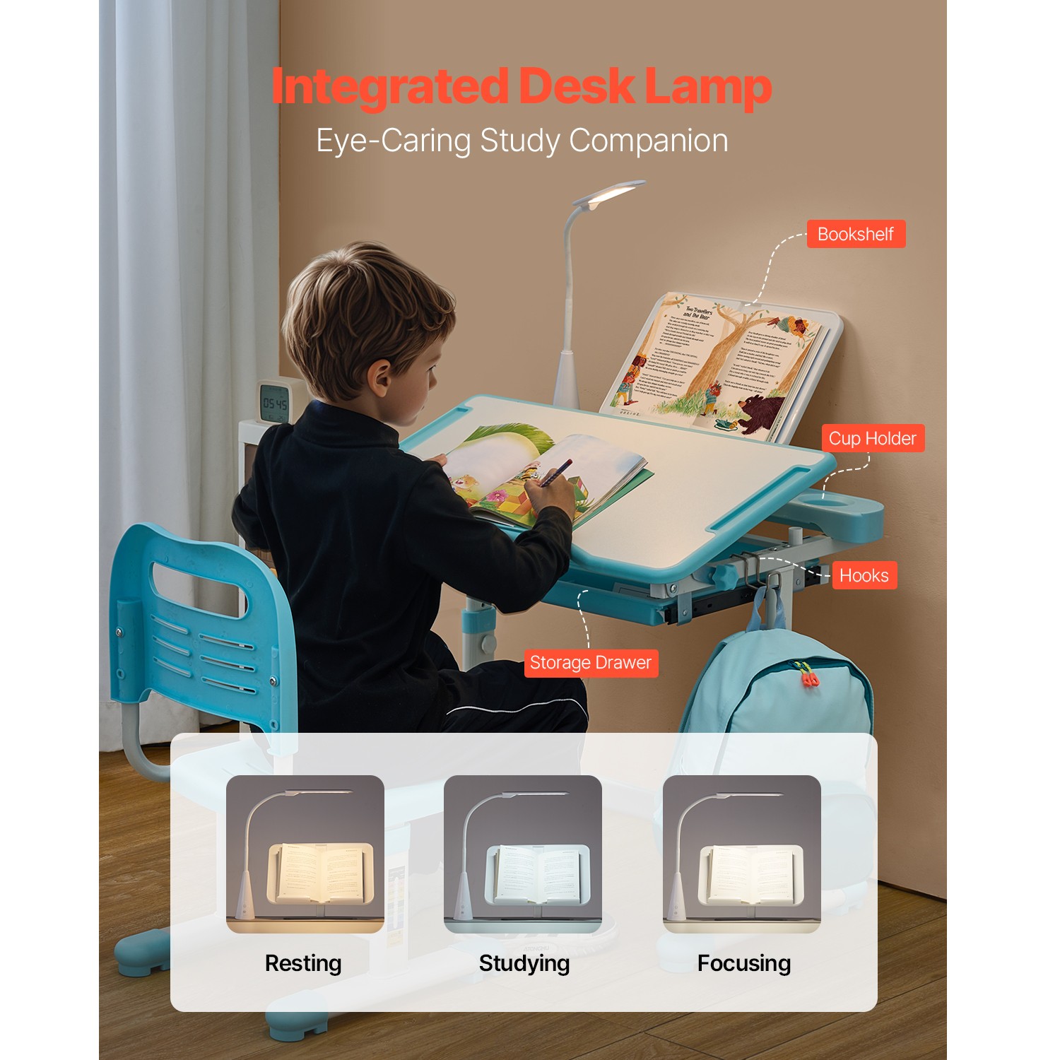 Uimoso Set Scrivania e Sedia Regolabile per Bambini con Lampada da Tavolo Blu foto 5