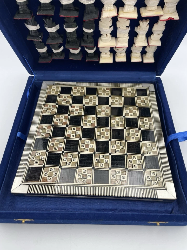 Vintage Egyptian Chess Set Faux Bone Pieces w/ Inlaid Wood Board 8”x8” - Image 3 of 4