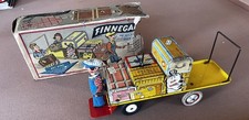Vintage Rare Unique Art Finnegan Baggage Cart Tin Wind Up Toy & Box working cond