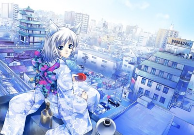 Anime 2d girls animal ears silver hair japanese clothes Custom Gaming Mat Desk