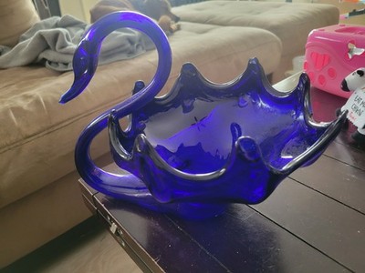Vintage Large Cobalt Blue Swan Candy Dish/Bowl Centerpiece Hand Blown Art Glass
