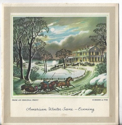 Vtg CHRISTMAS CARD 5x5 Currier & Ives American Winter Scene Evening Mansion