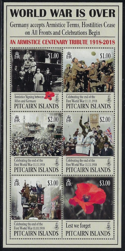 Pitcairn Islands / #849 / 2018 / End of WW I / Mini-sheet of 6 / MNH / 2167-1
