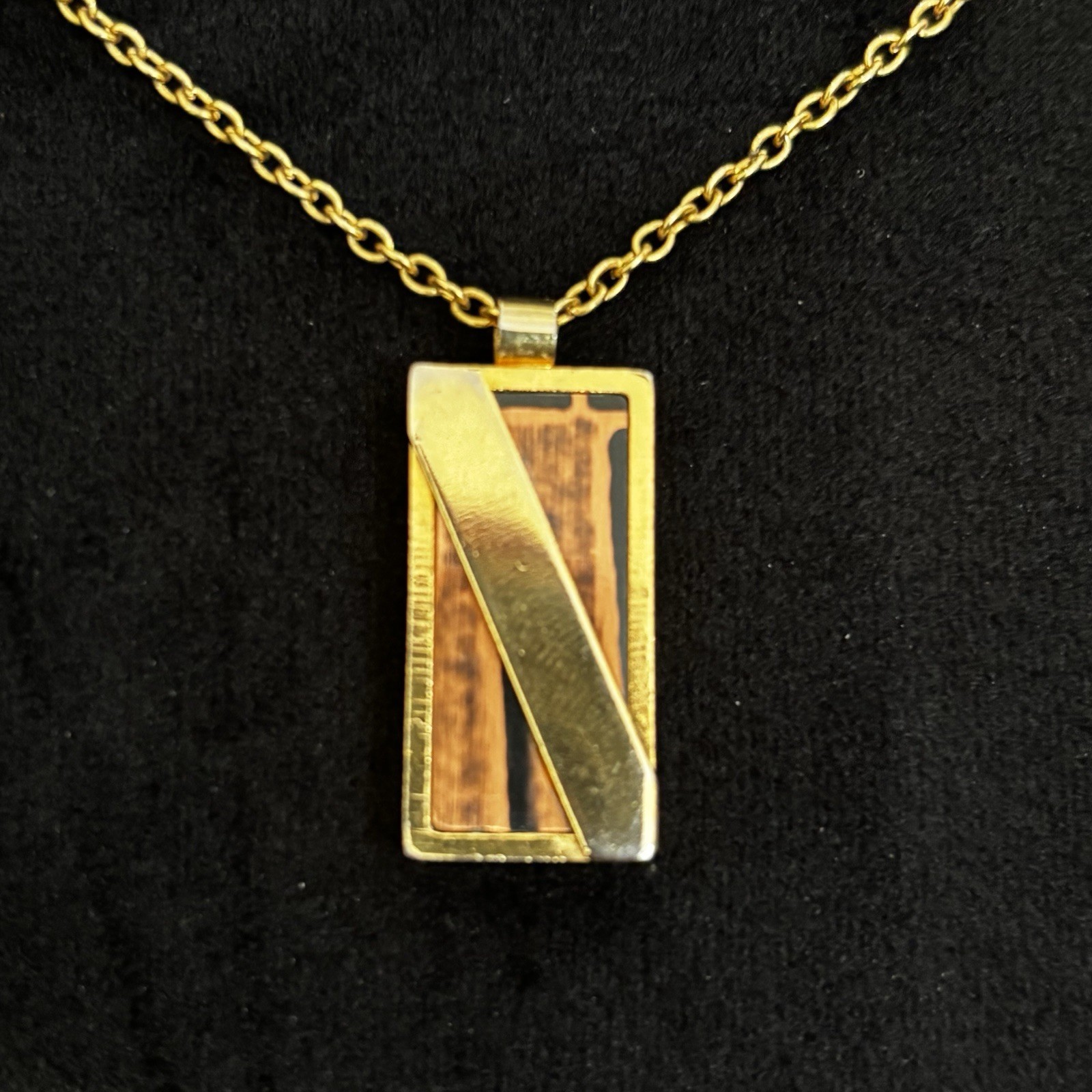 Gold Tone Modern Rectangular Pendant Necklace w A… - image 1