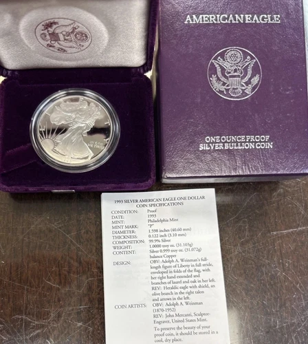 PROOF 1993-P Silver Eagle in MINT Box w/COA FREE SHIP