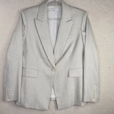 Preston & York Blazer Womens 12 Beige White Striped Single Button Career Jacket