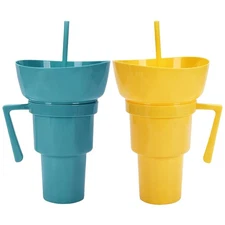 1pc Snack And Drink Cup 2 In 1 Straw Cup With Snack Bowl on top