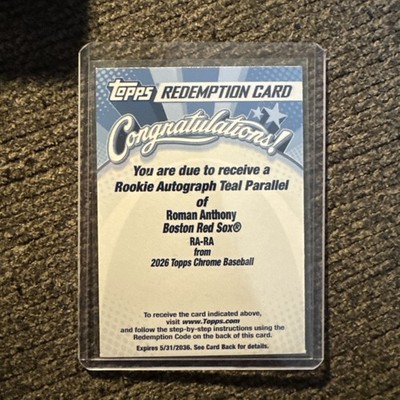 2026 Topps Chrome Roman Anthony Redemption Card Teal Parallel Rookie Red Sox