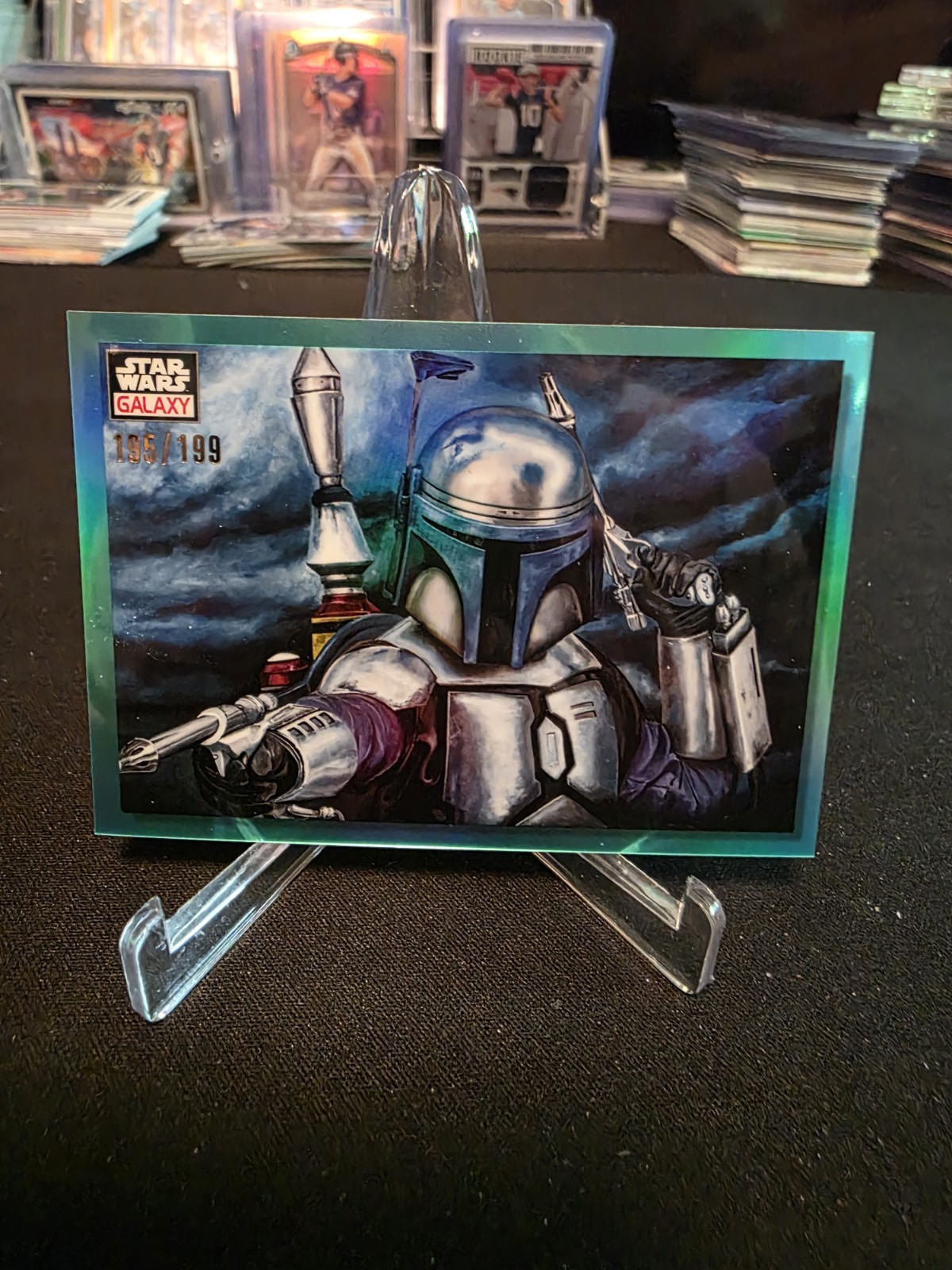 2023 TOPPS CHROME STAR WARS GALAXY 55 JANGO DRAWS HIS PISTOLS AQUA /199