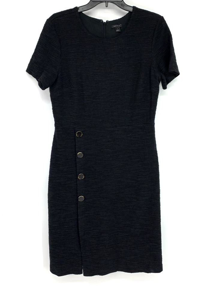 Vestido Ann Taylor para mujer 8 negro texturizado tweed funda detalle botones manga corta Foto 3 de 4