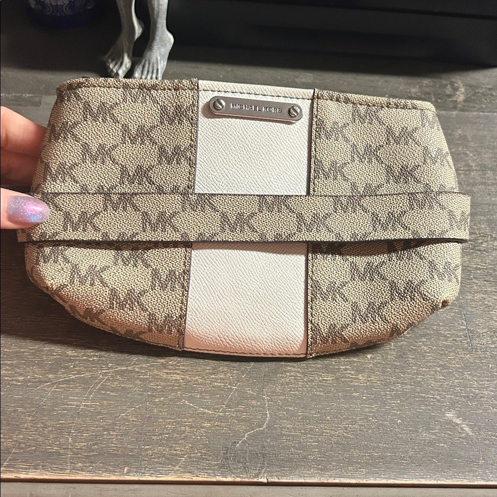 Michael Kors belt bag in the signature MK logo print with a white central stripe thumbnail 4