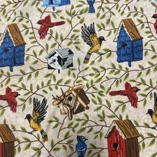 BIRDS AND BIRD HOUSES IN BLUE AND RED- 100% COTTON FABRIC 2 Yards