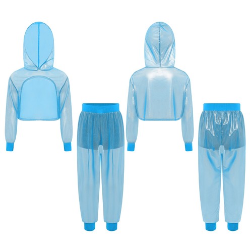 Kids Girls Hip-hop Jazz Dance Outfit Long Sleeve Hooded Crop Top with Pants Set - Picture 10 of 41