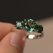 Round cut lab created green sapphire ring silver three stone engagement rings