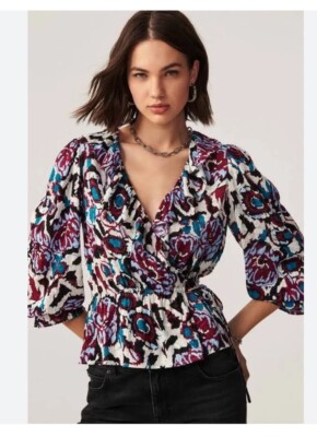 NEW BA&SH Bash Women s Gato BLOUSE Purple Teal Top Floral Boho Size Medium