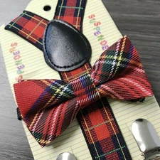 "RED PLAID" Matching Suspender & Bow-Tie Set Kids Toddler Baby Boys Girls