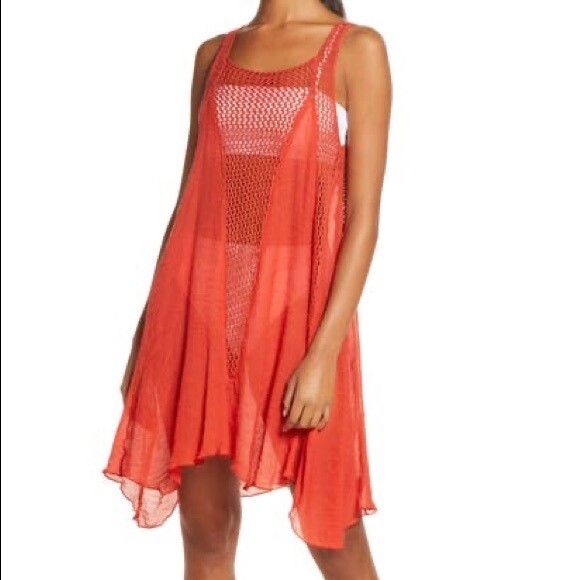 elan crochet inset cover-up dress Elan Crochet Inset Cover-up Dress In Cognac Size Xtra Small