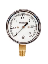 Low Capsule Pressure Gauge, 0-3 PSI,2-1/2" Face Dial, 1/4" NPT Lower Mount