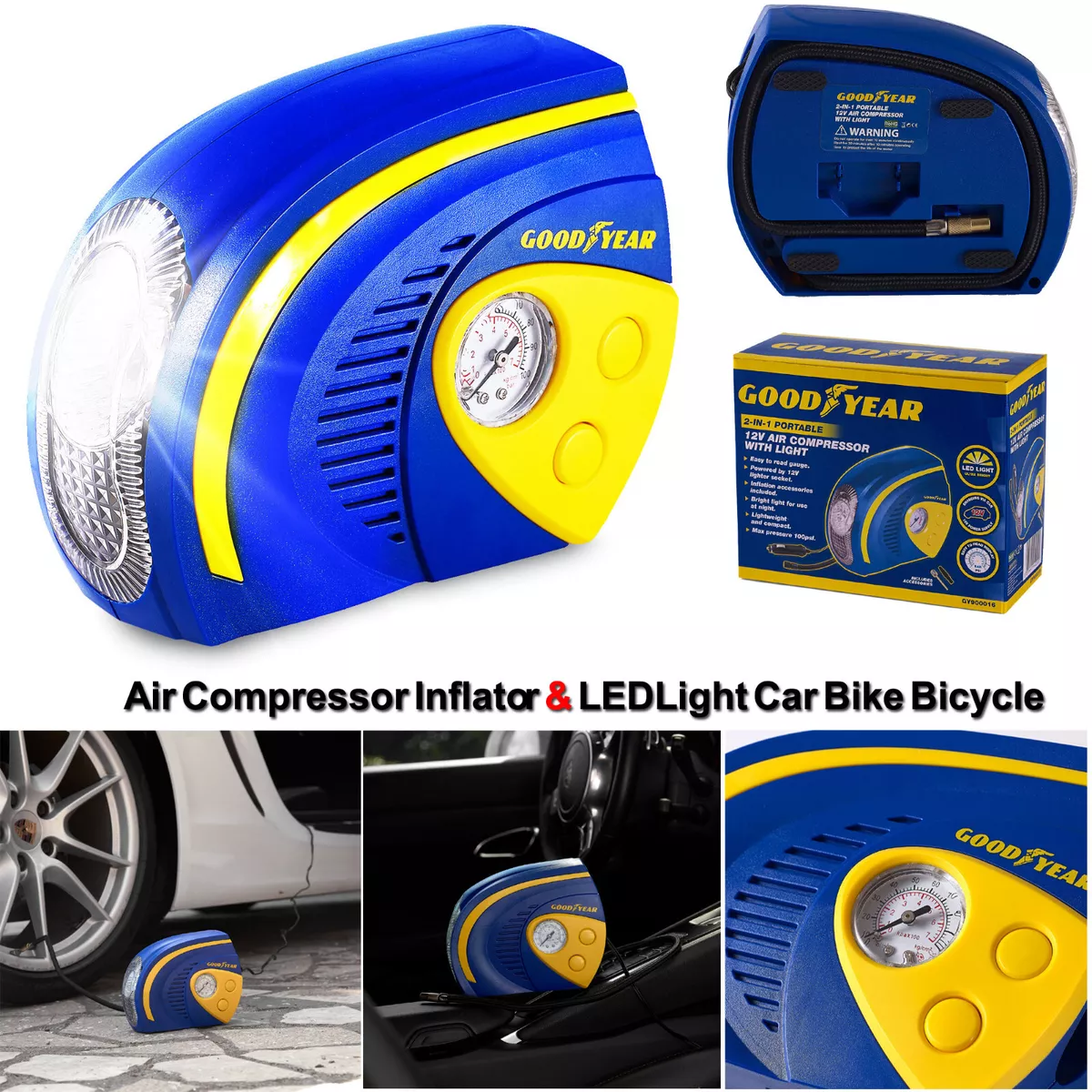 Goodyear 2 in 1 Tyre Air Compressor Inflator With LED Light Car Bike Bicycle